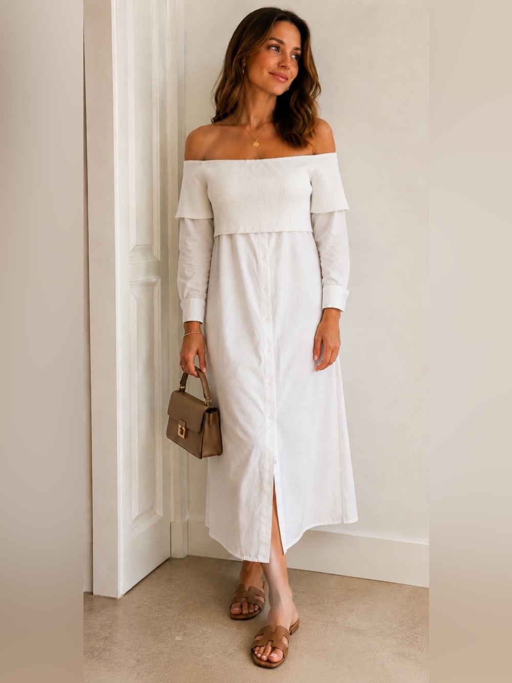 DKNY Ivory Layered Long Sleeve Shirt Dress